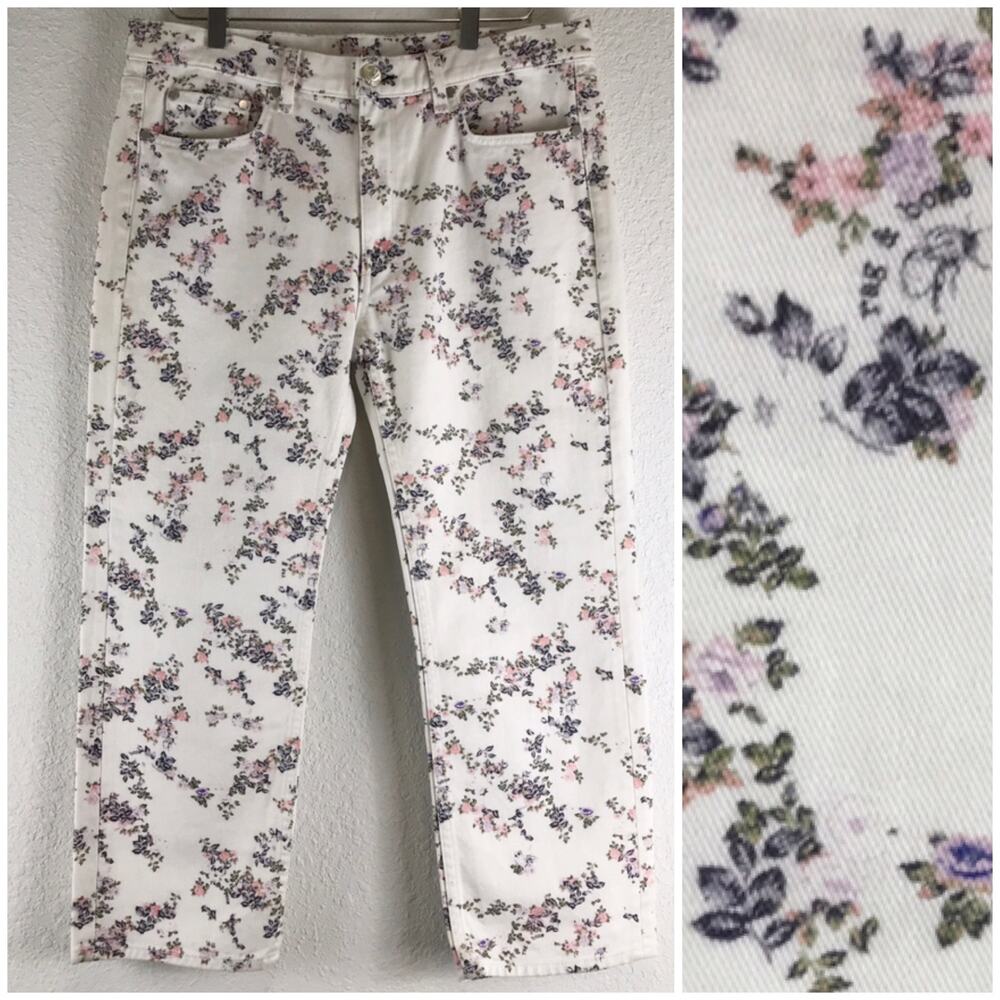 Rag & Bone Micro Floral Print Boy Jeans 100% Cotton White Denim Twill Slouchy 27